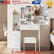 4 Drawers Makeup Dressing Table W/Sliding Mirror 10 LED Bulbs Vanity Set Bedroom