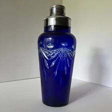 Antique Czech Glass Cobalt Blue Cocktail Shaker Original Chrome Top