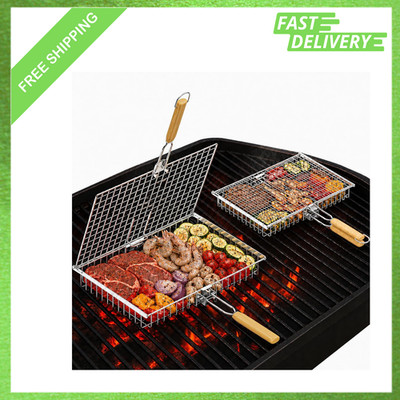 Grill Basket Stainless Steel Fish Vegetable BBQ Cooking Accessory with Wooden