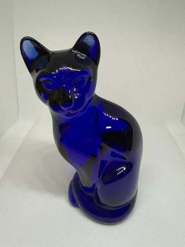 Fenton Cobalt Colonial Blue Glass Cat Figurine 5in Tall w/Original Sticker VTG
