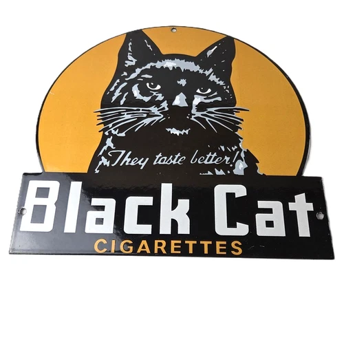 Vintage Black Cat Cigarette Sign - Porcelain Tobacco Gas Pump Display Sign