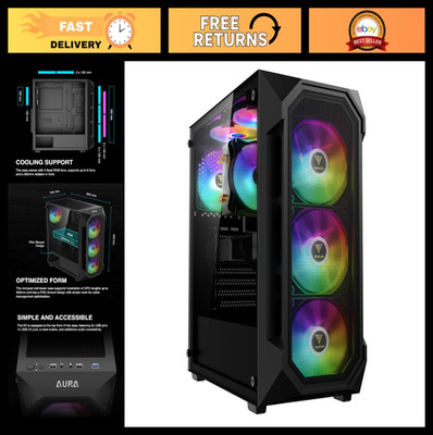 Mid Tower Gaming PC Case - Tempered Glass, 4 ARGB Fans, Mesh Front, 340mm GPU, 3