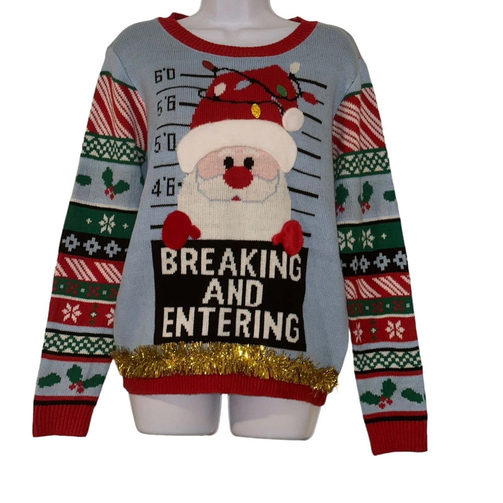 NWT No Boundaries Christmas Sweater Junior L 11 13 Jailbird Santa Pullover Funny