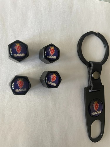 4 ~ SAAB Black Air Valve Caps with Key Ring & Chain - Picture 3 of 4