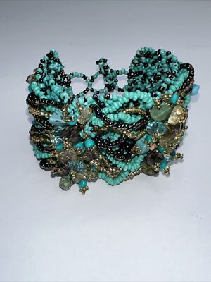 Seed Bead Bracelet Statement Wide Weave Nugget Beaded Aqua Blue Brown