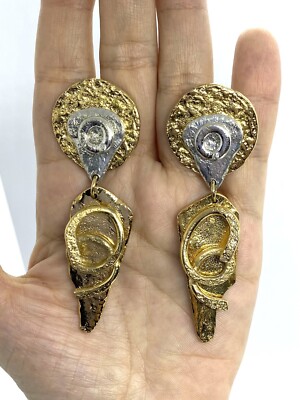 J.Jansen Gold Silver Tone Modernist Statement Dangle Clip On Earrings 3.3/8 