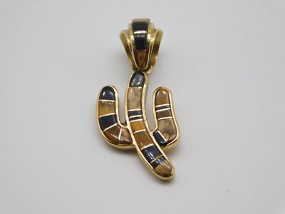NATIVE AMERICAN NAVAJO INDIAN EARL PLUMMER 14K GOLD INLAY STONE CACTUS PENDANT