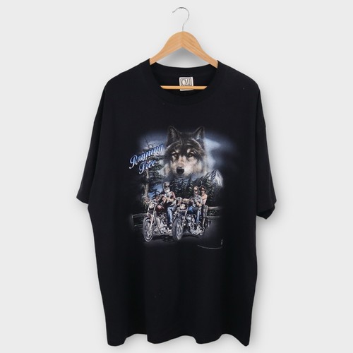 Vintage 90s Running Free Biker Wolf Shirt XXL USA Eagle Flames Single Stitch Tee