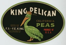 KING PELICAN Vintage Peas Crate Label Sacramento, Bird, Crown, AN ORIGINAL LABEL