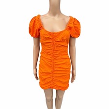 GANNI COTTON PUFF SLEEVE RUCHED MINI DRESS ORANGE SIZE XS