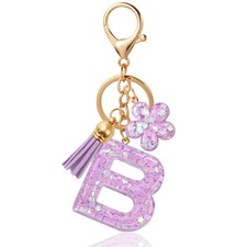 Purple Flower Initial Keychain - Resin Letter B Bag Charm for , Girls B-PURPLE