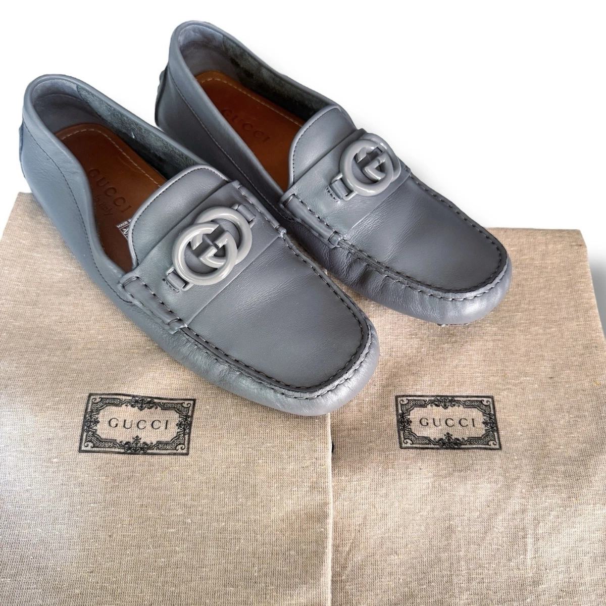 Gucci Grey Leather Interlocking G Drivers Loafers Men’s Size 6.5 / Women’s 8-8.5 Gucci Interlocking G Driver Loafer Brown Men main image 4