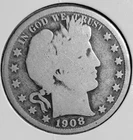 1908-D Barber 90% Silver, 10% Copper Quarter 25c