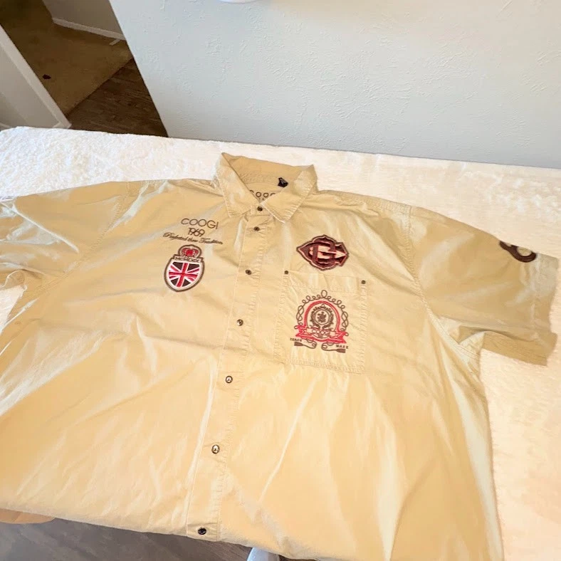 Coogi Shirt Men 5XL Khaki Logo Embroidered Button-Up Vented Y2K Streetwear*flaw - Image 2 of 4