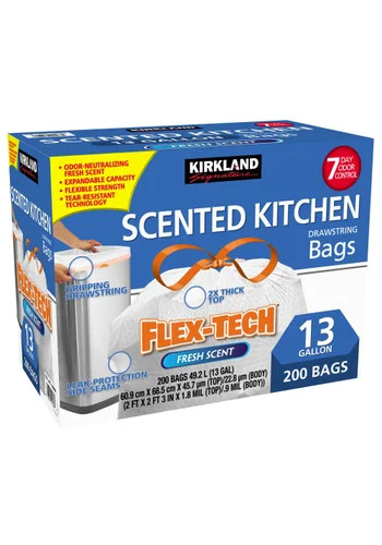 Kirkland Signature Flex-Tech Sacchetti della spazzatura profumati da cucina da 13 galloni, 200 pezzi... - Foto 1 di 3