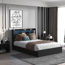 Full/Queen Size Platform Bed Frame w/ LED Lights & Storage Headboard & 4 Drawers