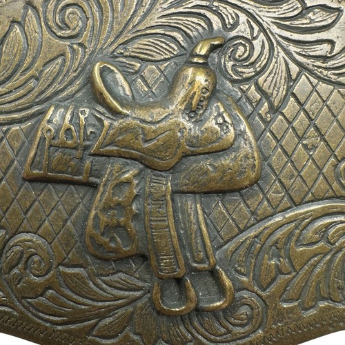 Hebilla de cinturón de montar de caballo vaquero occidental de latón vintage años 70 ornamentado 3" x 21/4" - Imagen 3 de 10