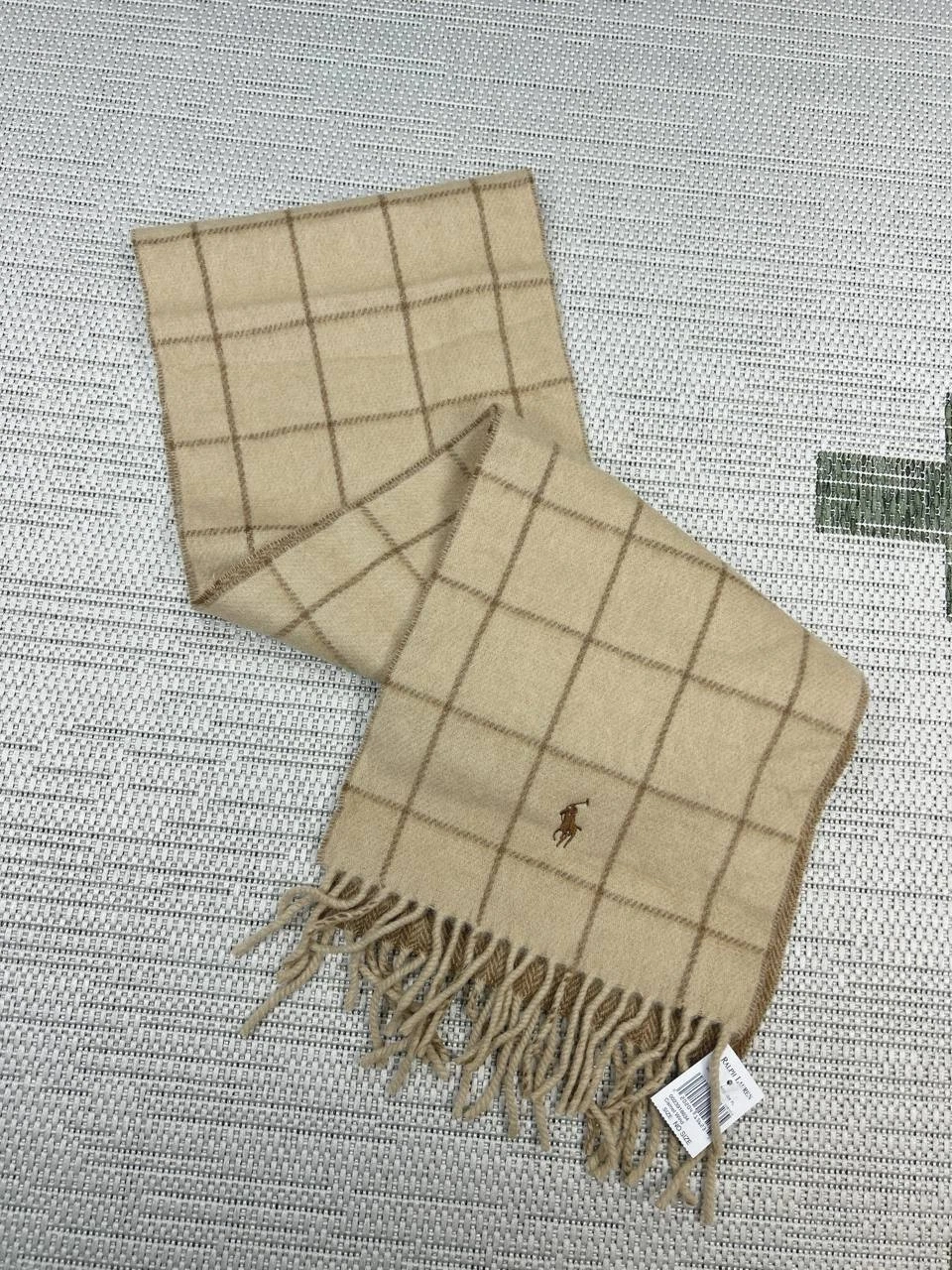 Polo Ralph Lauren Lambswool Scarf Camel Windowpane Fringed Hem Italy 10 x 63 New