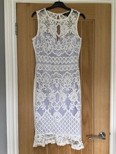 Women’s Lipsy Blue & White lace overlay bodycon frill hem dress Size 12