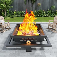 36 inch fire Pit, Square Outdoor Fire Pit with Poker, Wood Burning Fire Pit