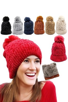 Chenille Fleece-Lined Beanie Assorted Colors Plush Winter Pom Hat