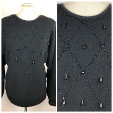 VTG Women's Beaded Sweater S/M Silk Angora Black 1980s 90s Long Sleeve Party EC