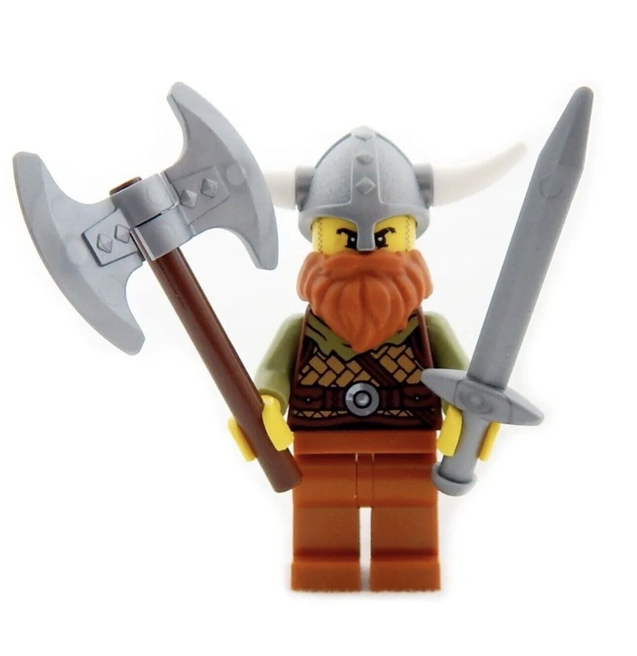 Lego Viking Warrior Mini Figure With Flat Silver Greatsword And Axe Weapon
