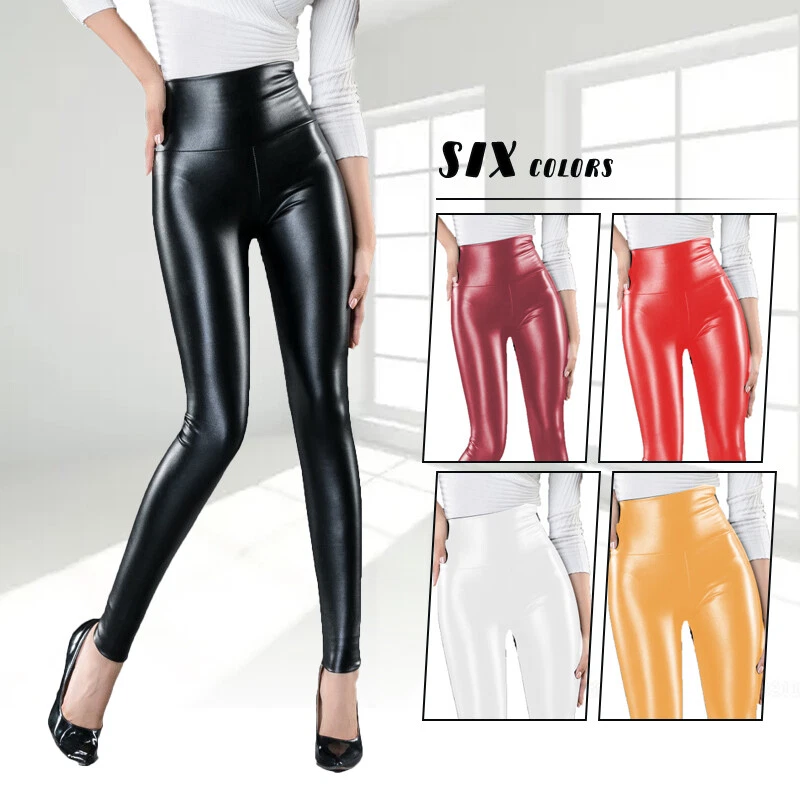 Women Sexy Wet Look Stretch PU Leather Pants Legging Elastic High