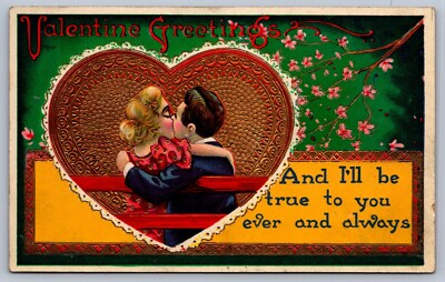 Postcard ''Valentine Greetings'' Romantic Couple Kissing Gel Finish