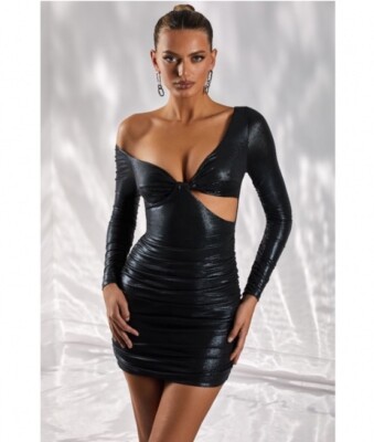 OH POLLY Dress Black Cut Out Mini Ruched Off Shoulder Shine US2 UK6