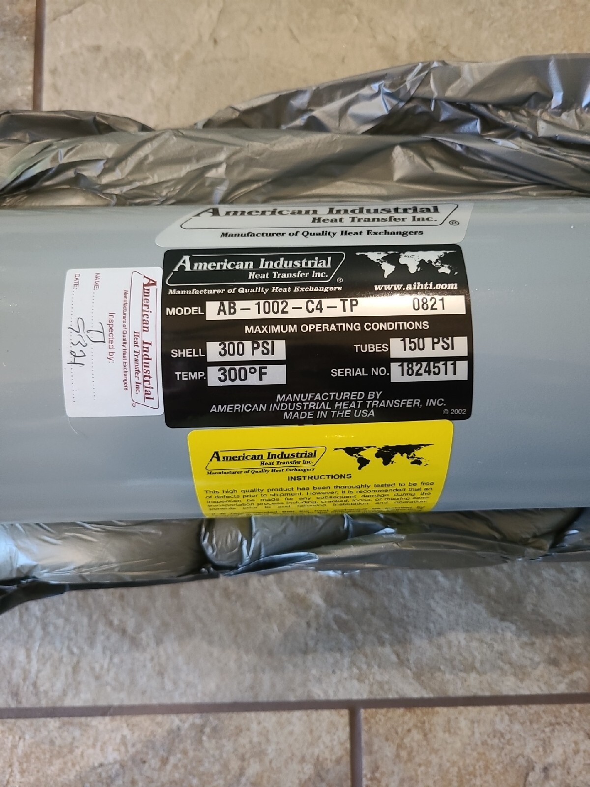 UNUSED AMERICAN INDUSTRIAL HEAT TRANSFER INC. Four Pass Shell & Tube