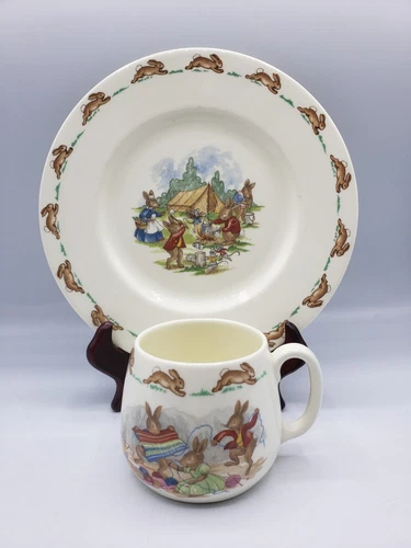 BUNNYKINS Royal Doulton England 8" Plate & Mug Set Bunnies Camping & Playing