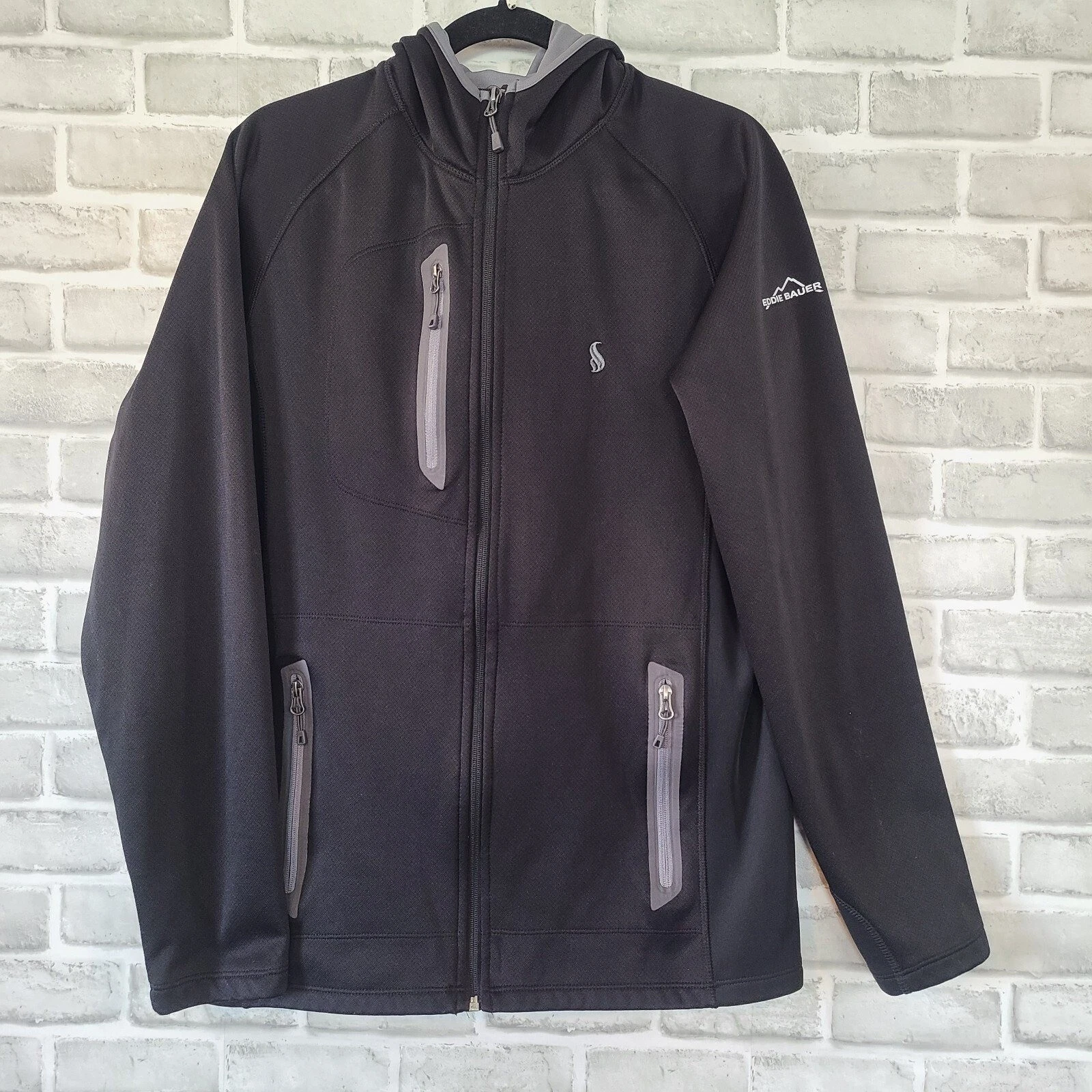 Eddie Bauer Sport Hooded Full Zip Fleece Jacket Men Black Sz L Performance