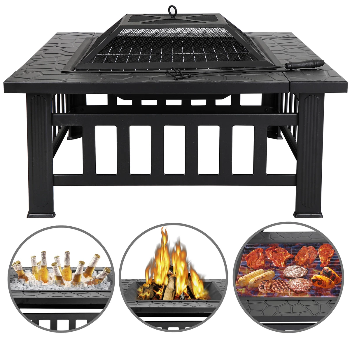 32u0026#034; Square Fire Pit Outdoor Patio Metal Heater Deck Backyard Fireplace  w/Cover | eBay