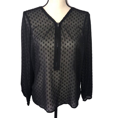 Sheer Black Top Size M Polka Dot Long Sleeve Zipper Witchy Goth Edgy