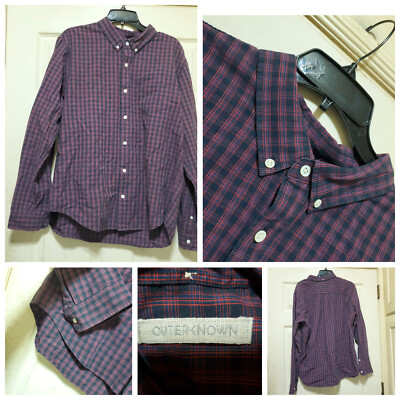 Outerknown Shirt Men XL runs small Blue Pink Plaid Organic Cotton Preppy Outdoor