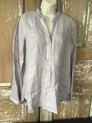 NWT Max Volmary Linen Tunic Top Long Sleeve Gray Embellished Size 4