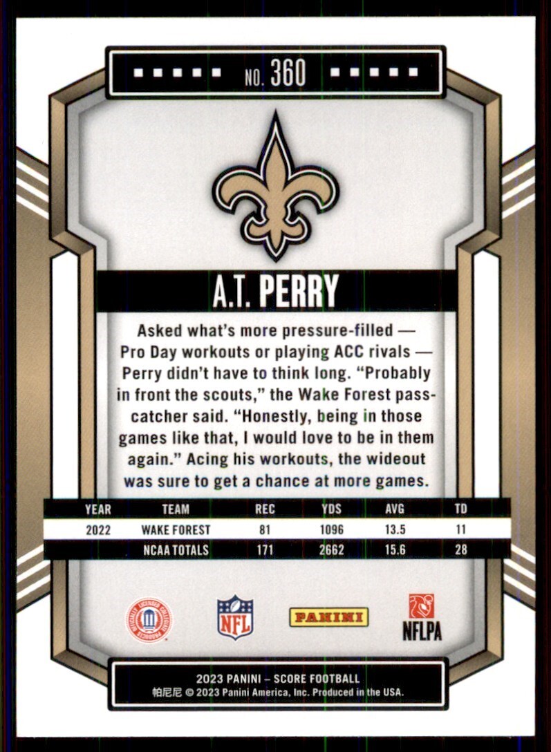 2023 Score Rookies #360 A.T. Perry - New Orleans Saints - Picture 2 of 2