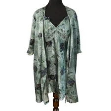 Secret Treasures Satin Floral Nightgown & Robe Set Green Blue Roses Lace Trim S