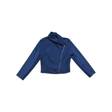 H Halston Faux Suede French Terry Zip Front Jacket Navy Blue Asymmetrical Moto