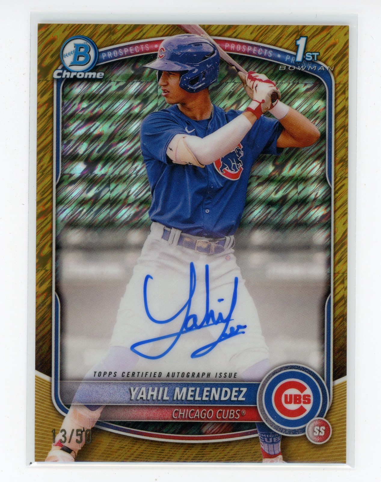 2025 Bowman Chrome Yahil Melendez 1st Prospect Gold Shimmer Ref AUTO #13/50 (CF)
