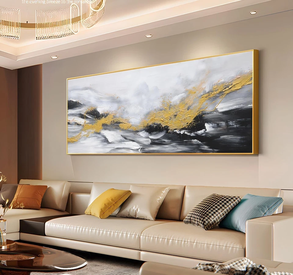 Arte de pared abstracto pintado a mano en lienzo para sala de estar, pintura al óleo moderna enmarcada en 3D Foto 3 de 4