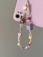 Cute Beaded Phone Charm Strap with Bear and Heart Beads Aesthetic Wrist Lanyard