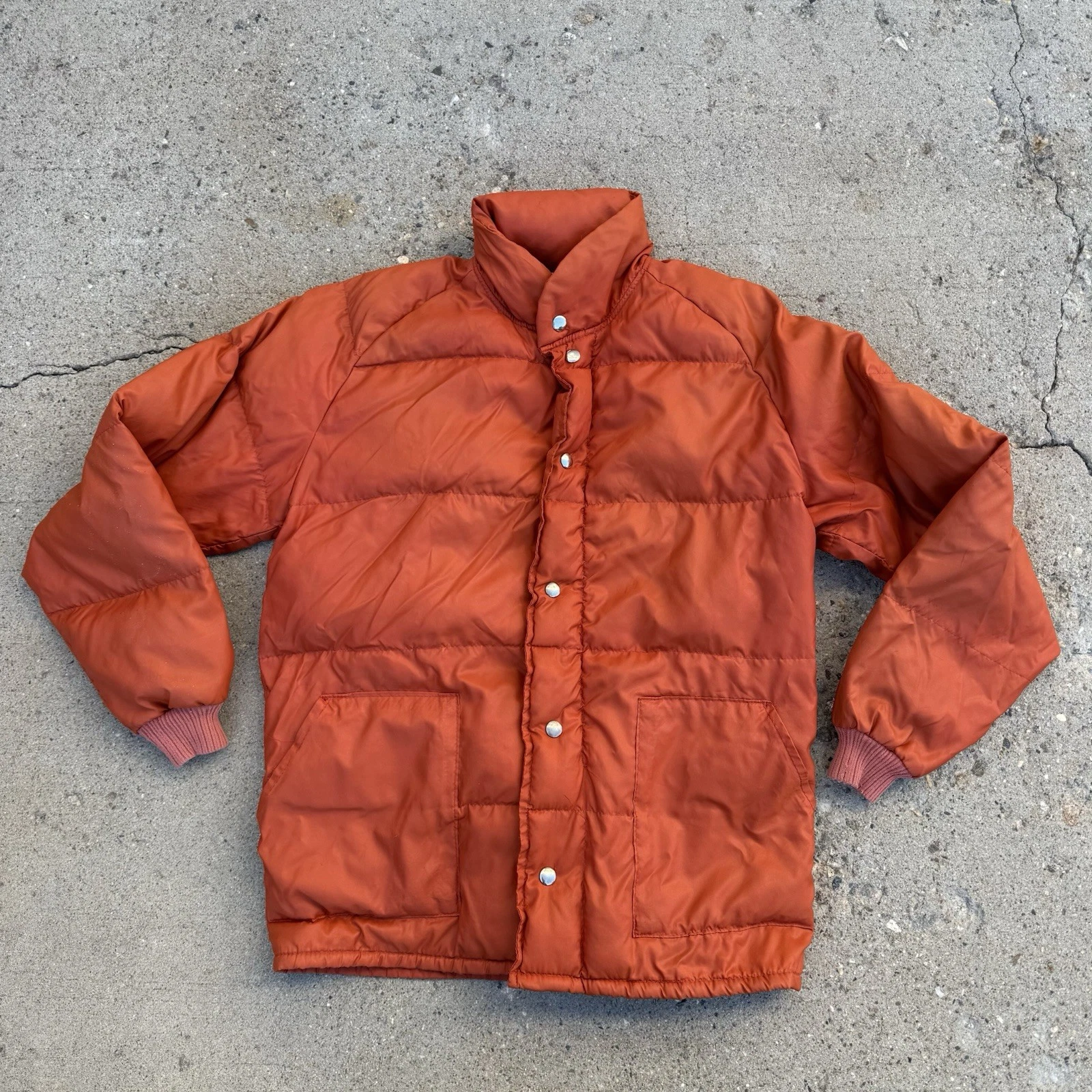 Vtg Prime Down Insulated Puffer Jacket Burnt Orange Men Full Zip and Snap Button