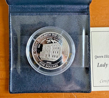 H.M.QUEEN ELIZABETH THE QUEEN MOTHER 1994 SILVER FIJI 5 DOLLAR COIN + COA