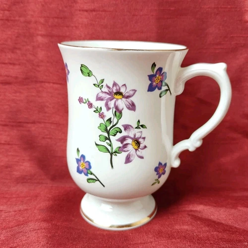 Vtg Royal Victoria Fine Bone China England Tea Cup Mug Purple Flowers Gold Rim