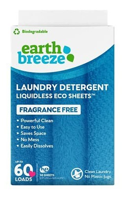 Earth Breeze Laundry Detergent Sheets Fragrance Free - No Plastic Jug (60 Loads)