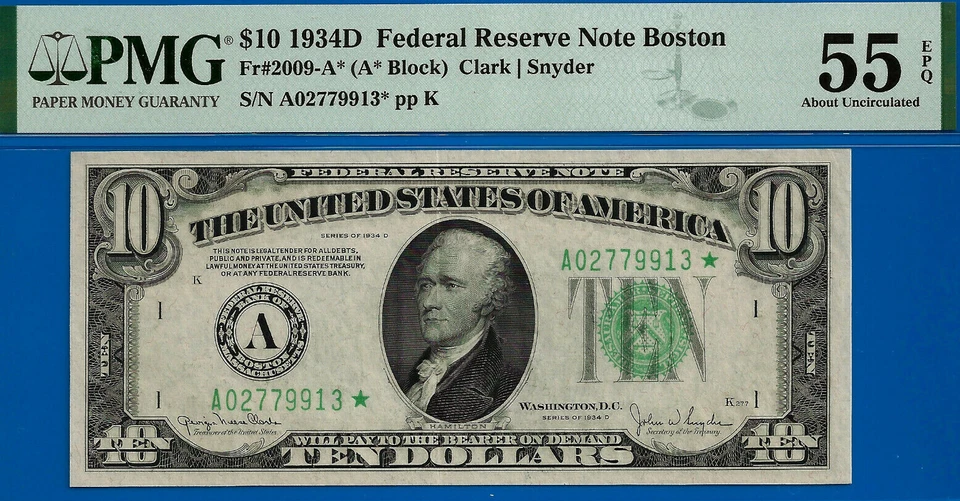 1934D $10 Federal Reserve Note - PMG 55EPQ - Top Pop 1/0 Boston Star Fr 2009-A* - Image 3 of 4