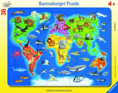 Ravensburger Kinderpuzzle - 06641 Weltkarte mit Tieren - Rahmenpuzzle für Kinde