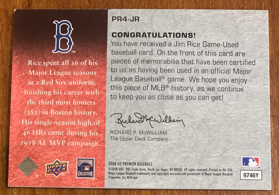 Jim RICE 2008 UD Premier Remnants 4 Quad Jsy Relic #PR4-JR 1/25 NM HOF Red Sox - Image 2 of 2